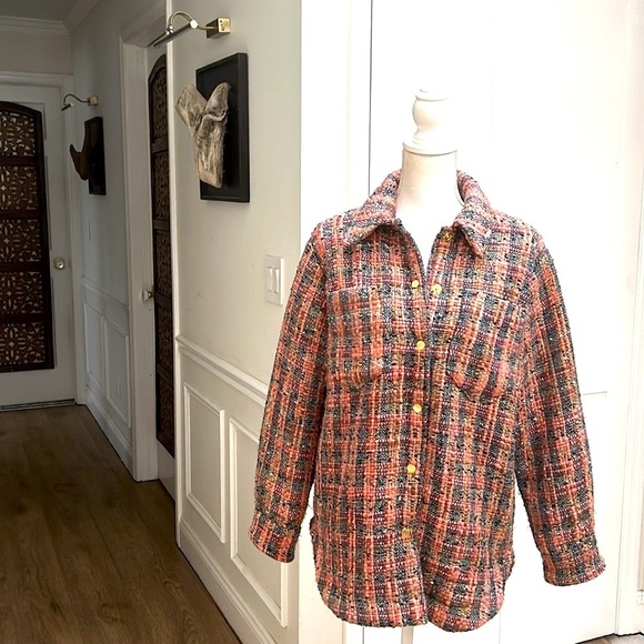 Maison Scotch Womens Plaid Bouclé Tweed Shacket Jacket Orange Gray S Cozy - Picture 2 of 11